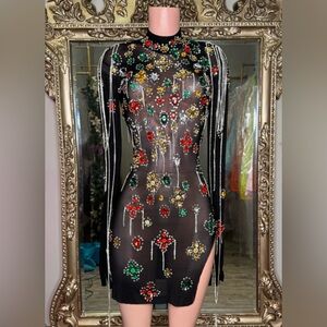 Embellished Black See-through Dress with Multicolor Accents